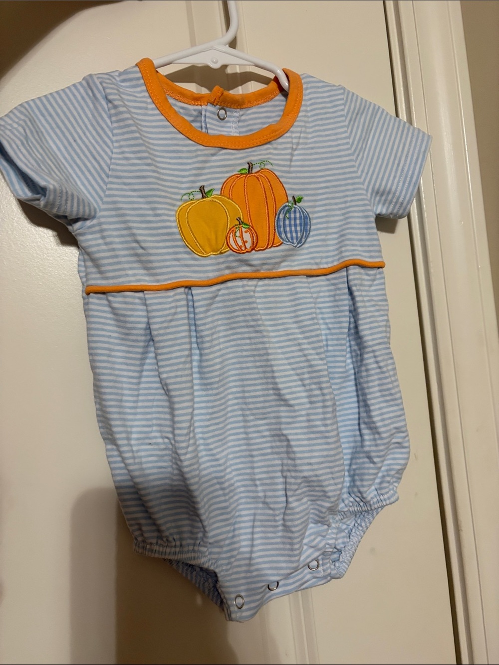 Blue Striped Baby Onesie with Pumpkin Appliqué